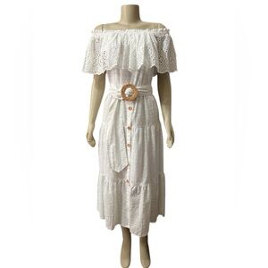 NWT Eliza J Size 4 Eyelet Off-Shoulder Midi Dress with Woven Rattan Buckle Belt
